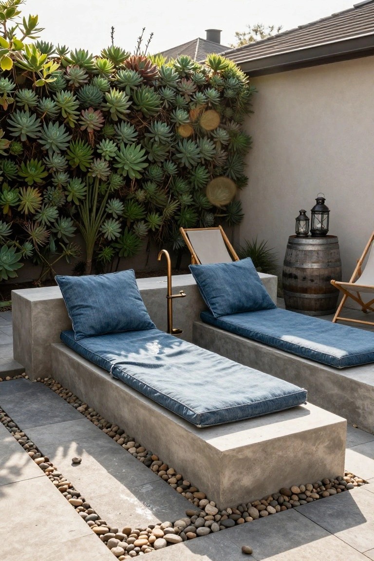 Two parallel low concrete platforms with blue denim cushions and pillows outdoors near a brass faucet, flanked by wooden chairs, barrel stools, lanterns, and a tall green succulent wall on a pebble-ground patio.