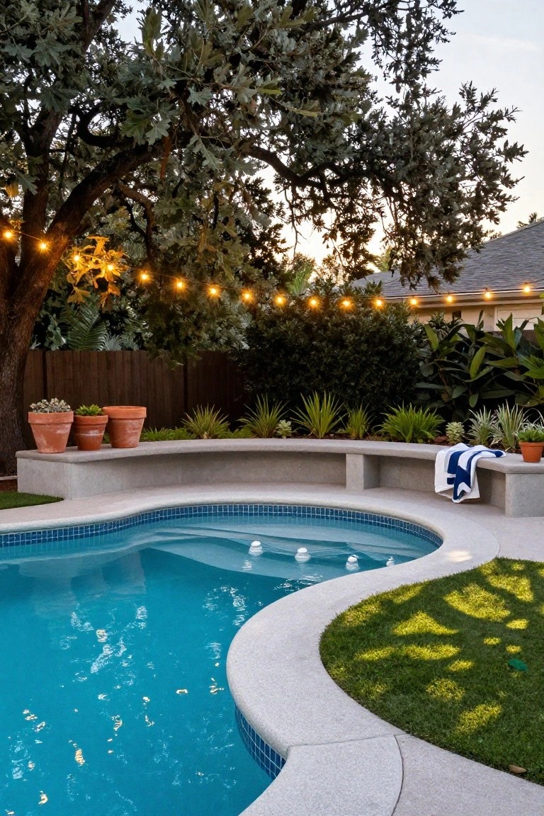 Curved concrete bench seating along the edge of a turquoise tiled pool in a backyard, with potted plants on the bench, greenery behind, string lights in trees, and grass nearby.