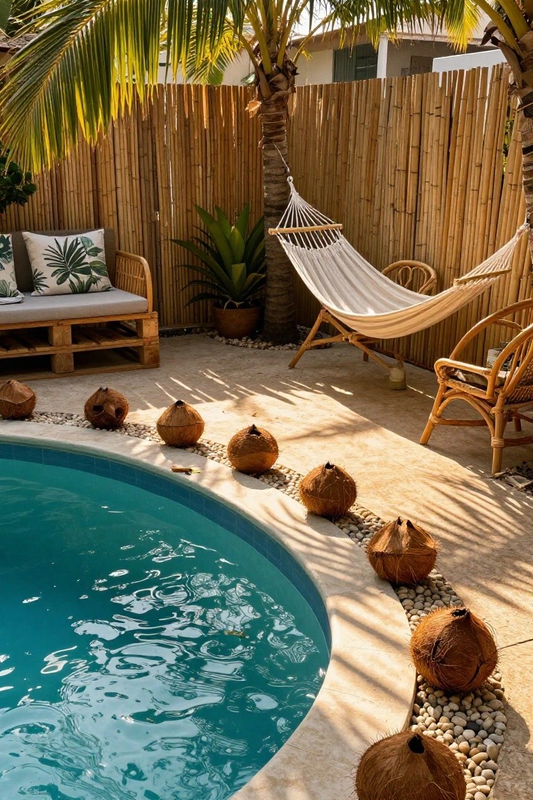 Curved turquoise pool with whole coconuts and white pebbles lining the edge, bamboo fencing, palm trees, hammocks, and rattan seating in a tropical outdoor setting.