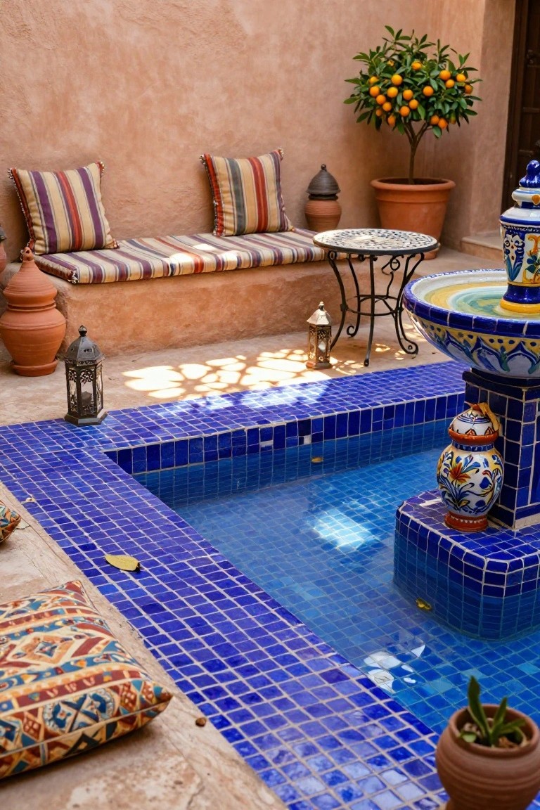 Small rectangular pool with blue mosaic tiles and integrated fountain in a sunlit courtyard walled in terracotta, featuring a cushioned bench, metal table, lanterns, terracotta pots, and potted orange tree.