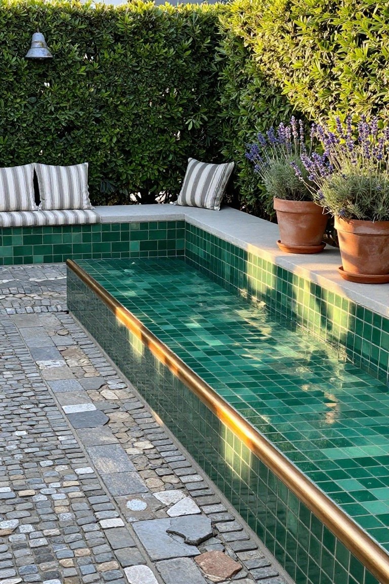 Shallow rectangular pool with emerald green mosaic tiles and brass edging, built-in concrete bench with white and gray striped cushions, surrounded by tall green hedges, lavender plants in terracotta pots, and irregular stone paving.