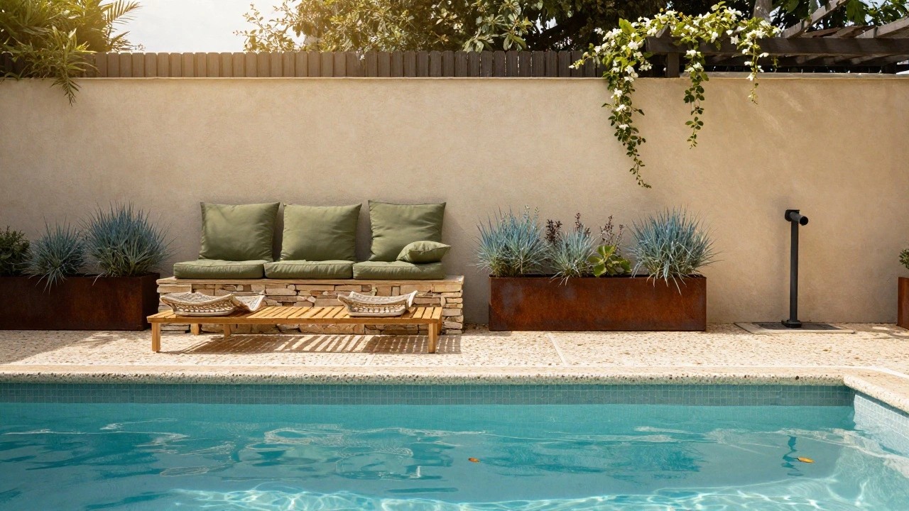 Small turquoise mosaic pool adjacent to a white stucco wall, with wooden pergola shading a teak bench, black rattan chair and footstool with green cushions, flanked by blue agave in corten steel pots, and white flowering vines climbing the pergola posts.