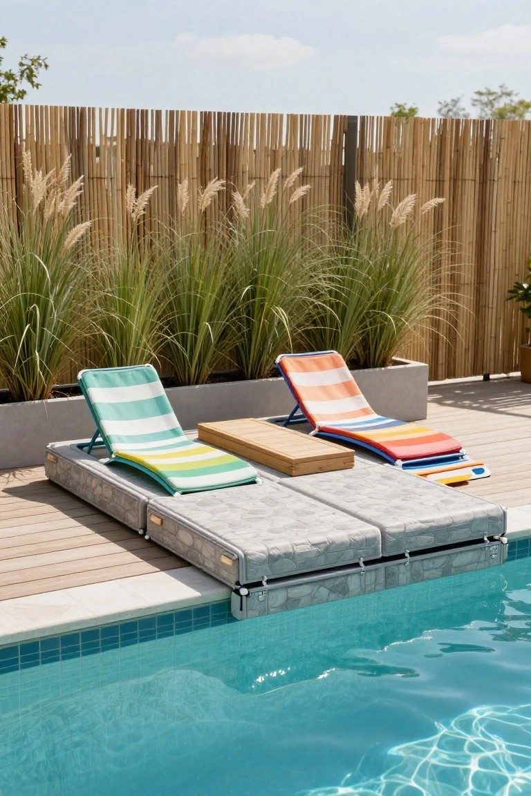 Gray pebbled floating platform in a turquoise pool holding green-and-yellow striped and orange-and-white striped lounge chairs with a wooden side table, adjacent to wooden decking, concrete planters with pampas grass, and bamboo fencing.