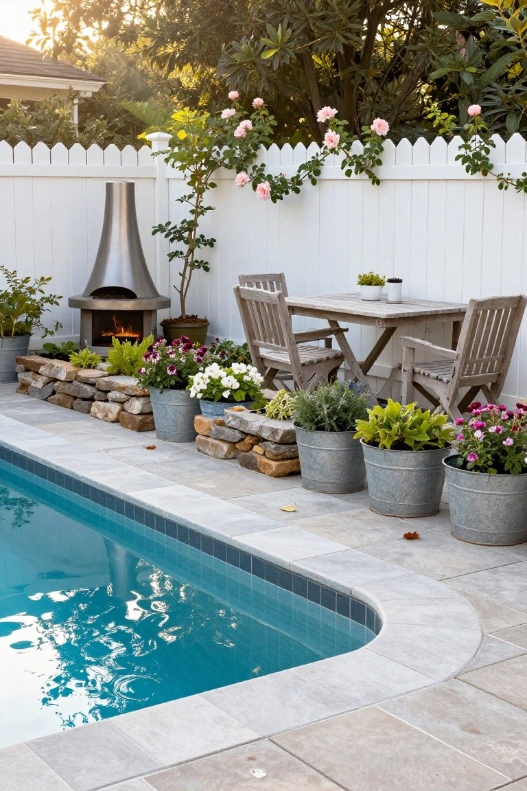 Backyard pool edged in gray tile with multiple galvanized metal buckets planted with flowers and greenery, wooden table and chairs near a metal fire pit, stone retaining wall, white picket fence, and climbing roses in the background.