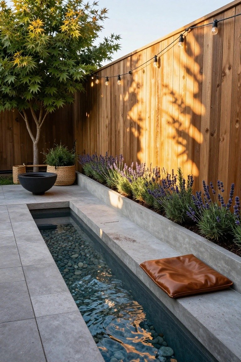 Narrow rectangular concrete pool filled with water and dark pebbles, edged by lavender plants and a concrete bench with a brown leather cushion, next to a wooden fence with string lights and a potted tree in a backyard setting.