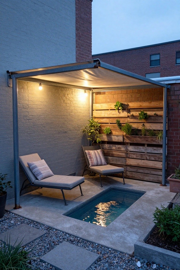 Small rectangular blue plunge pool sunk into a concrete patio with two cushioned loungers nearby, vertical pallet wall with plants, under a metal-framed fabric awning lit by hanging bulbs, next to beige and brick walls at dusk.