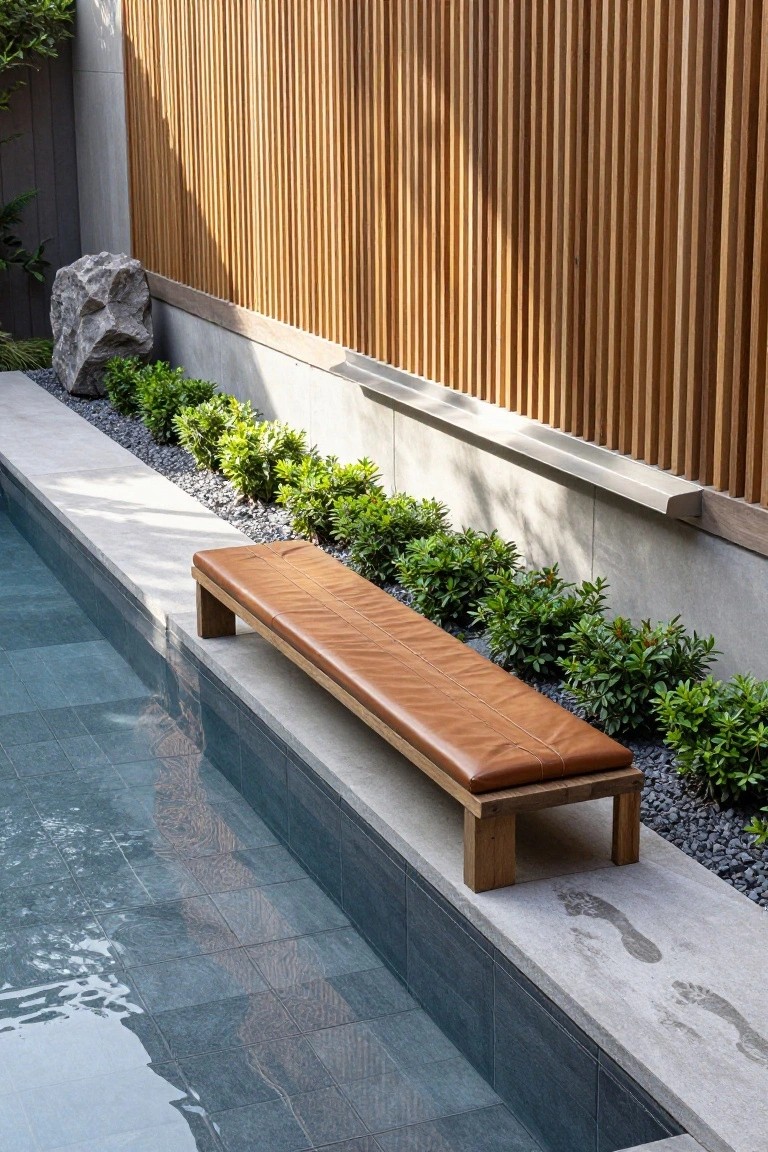 Pool edge with tan leather bench on wooden legs, surrounded by gravel, boxwood shrubs, a large rock, and vertical wooden slat fence.