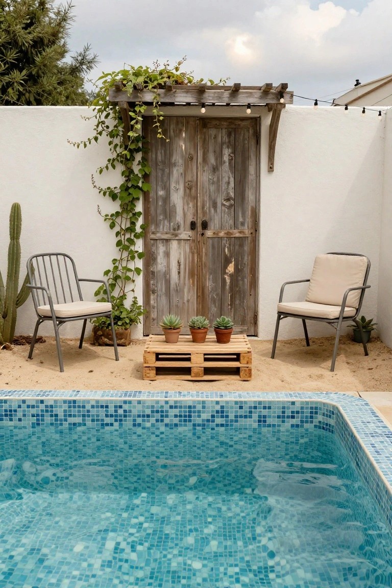 Blue mosaic-tiled pool edge with sand surface, two gray metal armchairs with beige cushions around a wooden pallet coffee table holding potted succulents, rustic vine-covered wooden door on white wall with pergola and string lights nearby.