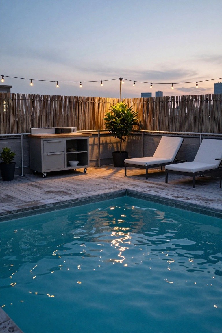 Rooftop deck at dusk with turquoise pool in corner, two white loungers, gray outdoor kitchen cart on wheels, potted plants, bamboo privacy screens along railings, string lights overhead, and city buildings in background.