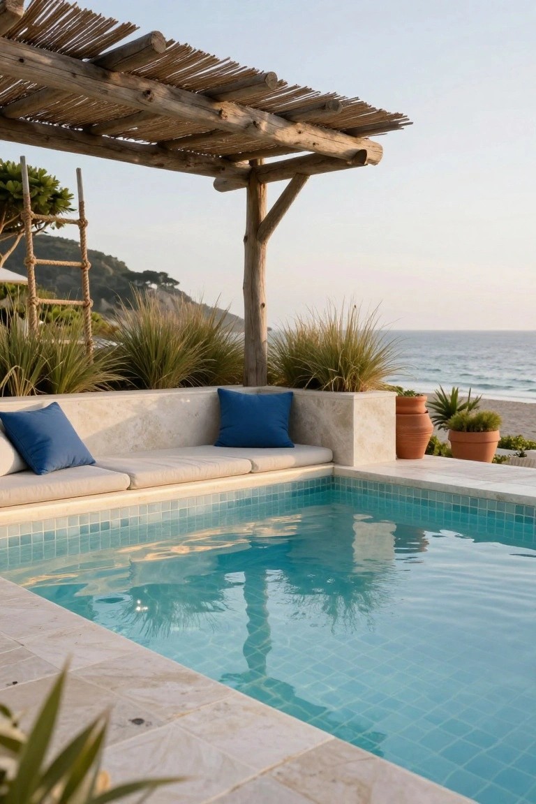 Turquoise mosaic-tiled pool with adjacent built-in beige stone bench seating and blue cushions under wooden thatched pergola structure, potted plants and grasses nearby, ocean view in background.