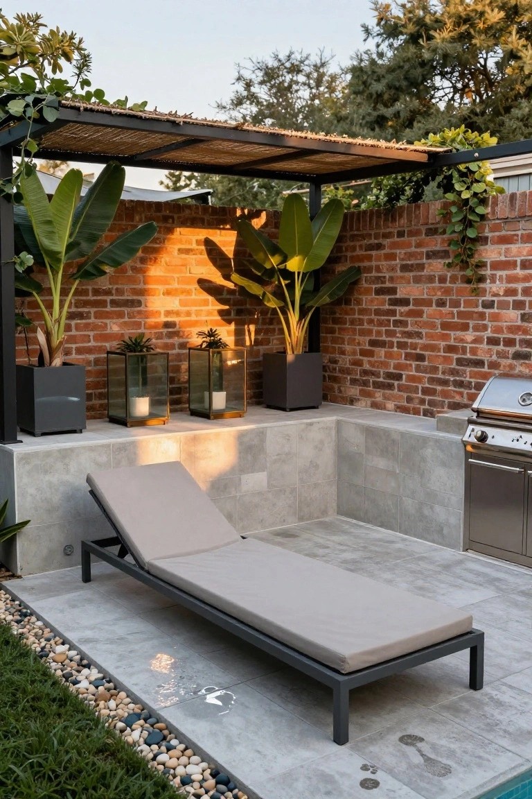 Gray cushioned lounge chair under black metal pergola with thatch roof next to raised concrete platform holding potted plants, glass lanterns, and stainless steel BBQ against brick wall by pool edge with pebble border.