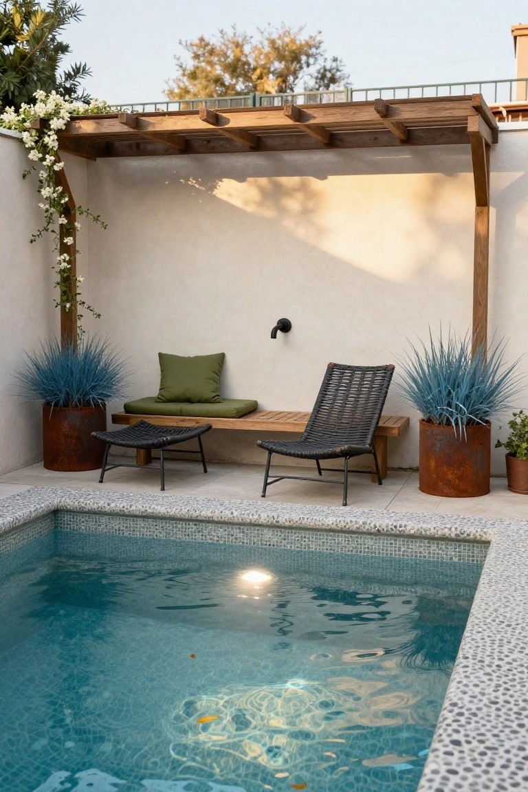 Small turquoise mosaic pool adjacent to a white stucco wall, with wooden pergola shading a teak bench, black rattan chair and footstool with green cushions, flanked by blue agave in corten steel pots, and white flowering vines climbing the pergola posts.