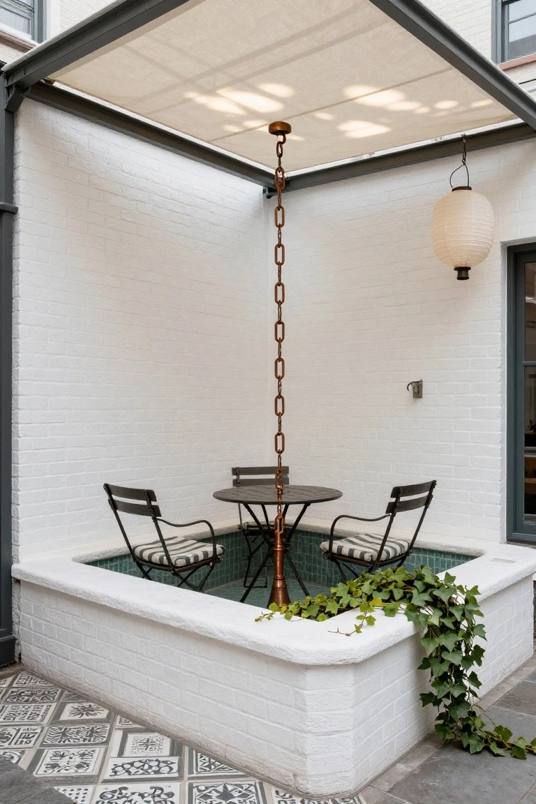 Corner outdoor seating area featuring a round metal table and two black bistro chairs positioned inside a shallow rectangular pool with green tiles, surrounded by white brick walls draped in ivy, under a beige fabric canopy with hanging chain light and paper lantern.