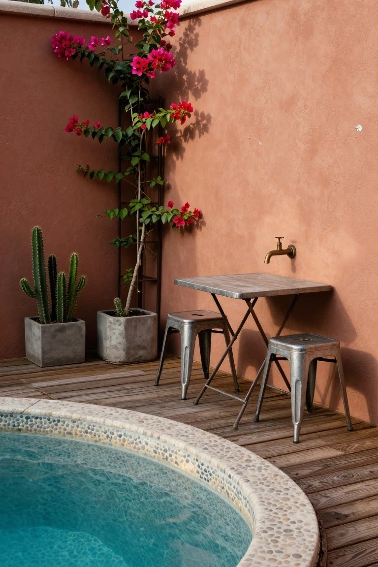 Small square metal table and two stools on wooden deck beside curved blue pool with pebble edge, potted cacti and bougainvillea plants against terracotta wall with mounted brass faucet.