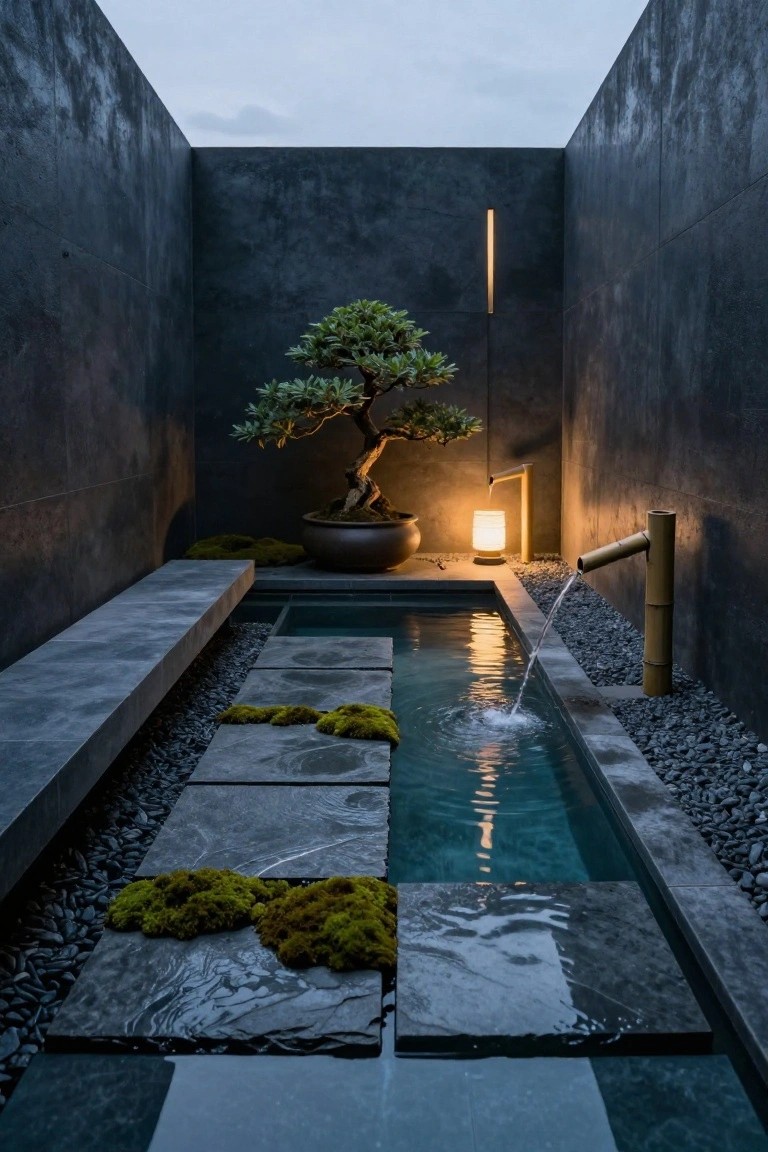Minimalist zen courtyard with bonsai, water feature, stone path, and lanterns.
