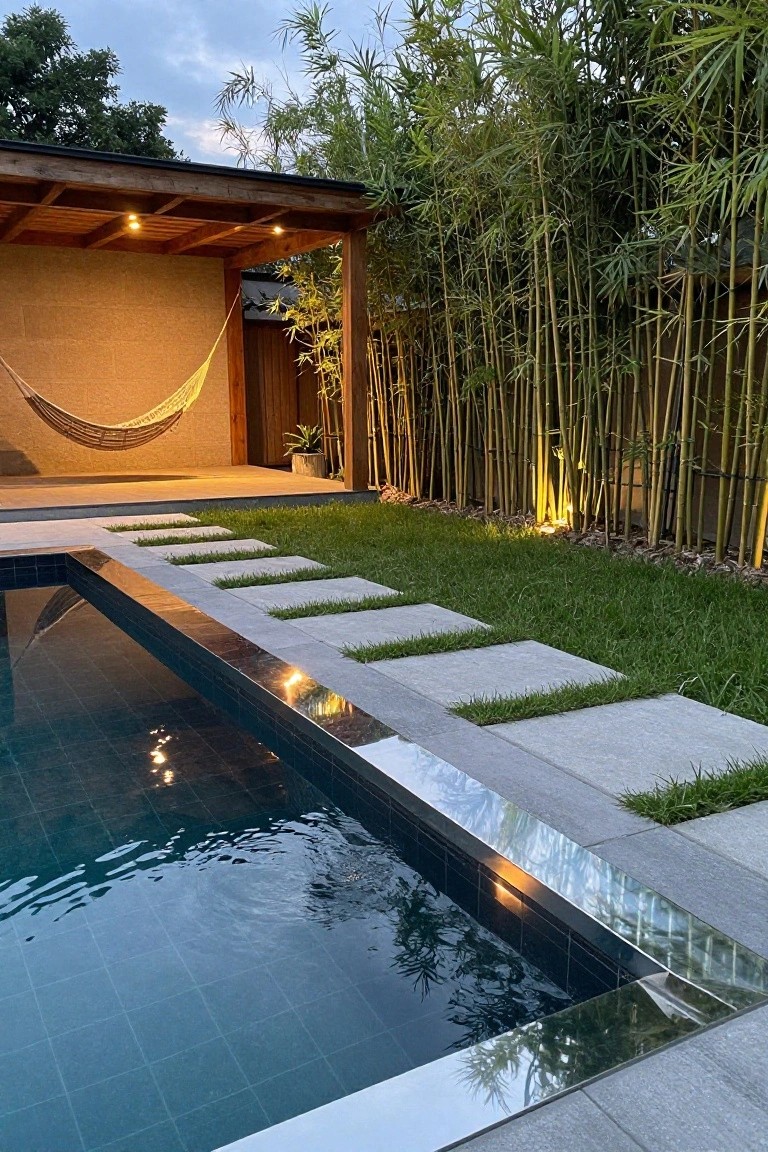 Dusk view of a rectangular pool with black tiles and stainless steel edge, gray concrete stepping stones through green lawn leading to the pool, wooden pergola with yellow hammock, and tall bamboo screen with uplighting.