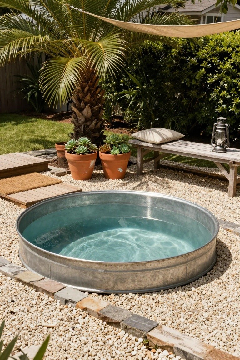 Round galvanized metal stock tank filled with turquoise pool water, centered in a gravel backyard patio with potted succulents, wooden bench, lantern, palm trees, and beige shade cloth overhead.