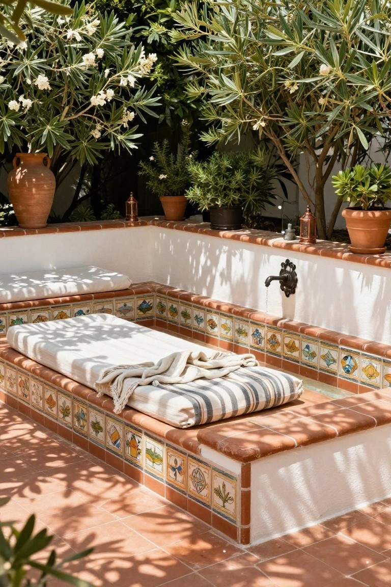 Built-in outdoor bench platform with white cushions, striped pillow, and folded linens on colorful ceramic tile edging, adjacent to a white stucco wall with brass fountain and surrounded by potted plants on terracotta paving.