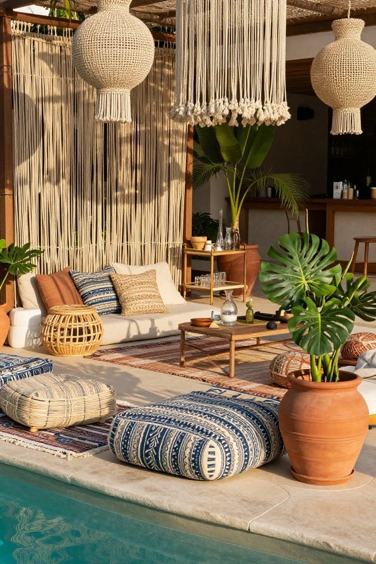 23 Creative Pool Landscaping Inspiration Ideas to Spark Your Vision Poolside outdoor lounge with low beige sofa, patterned pillows and cushions, woven hanging lanterns, potted monstera plants, wooden side table, and colorful rugs on stone deck next to turquoise pool water.