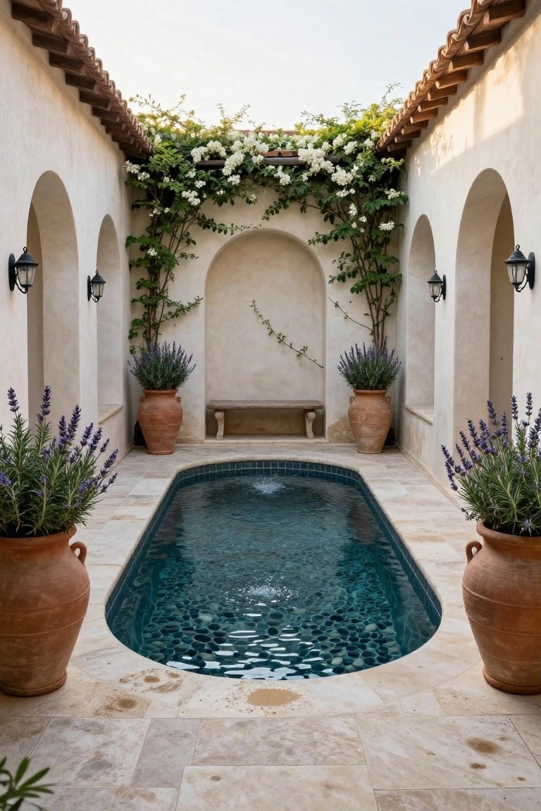 23 Creative Pool Landscaping Inspiration Ideas to Spark Your Vision Small oval plunge pool with pebble mosaic bottom in a stucco courtyard featuring arched walls draped with white flowering vines, large terracotta pots of lavender on either end, a stone bench opposite, and wall-mounted lanterns.