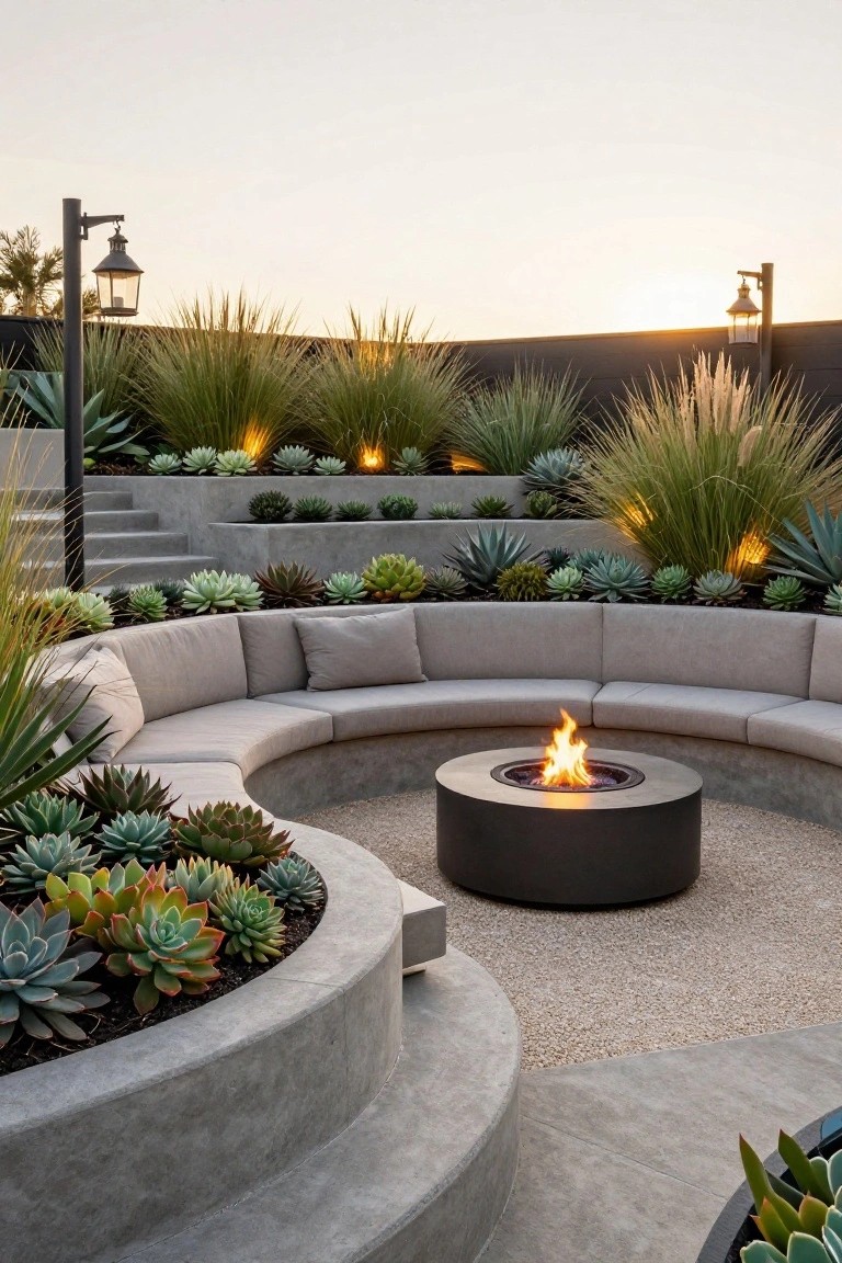 23 Creative Pool Landscaping Inspiration Ideas to Spark Your Vision Curved gray concrete benches surround a black circular gas fire pit in a terraced outdoor area planted with succulents and grasses, with steps, lanterns, and sunset lighting.