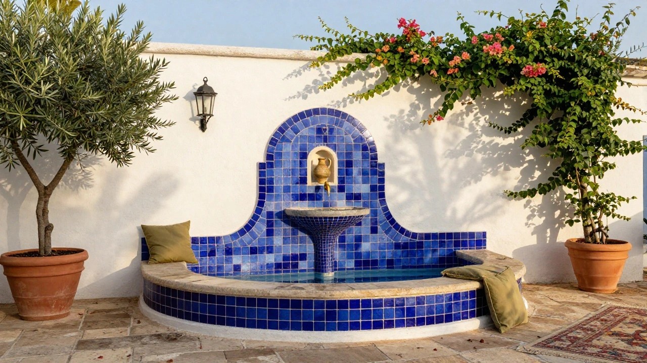 White stucco outdoor wall featuring a blue mosaic tiled arched fountain with brass faucet spilling into a small turquoise tiled pool, flanked by olive trees, bougainvillea vines, potted plants, a cushioned wooden bench, lantern light, and terracotta tile patio flooring.