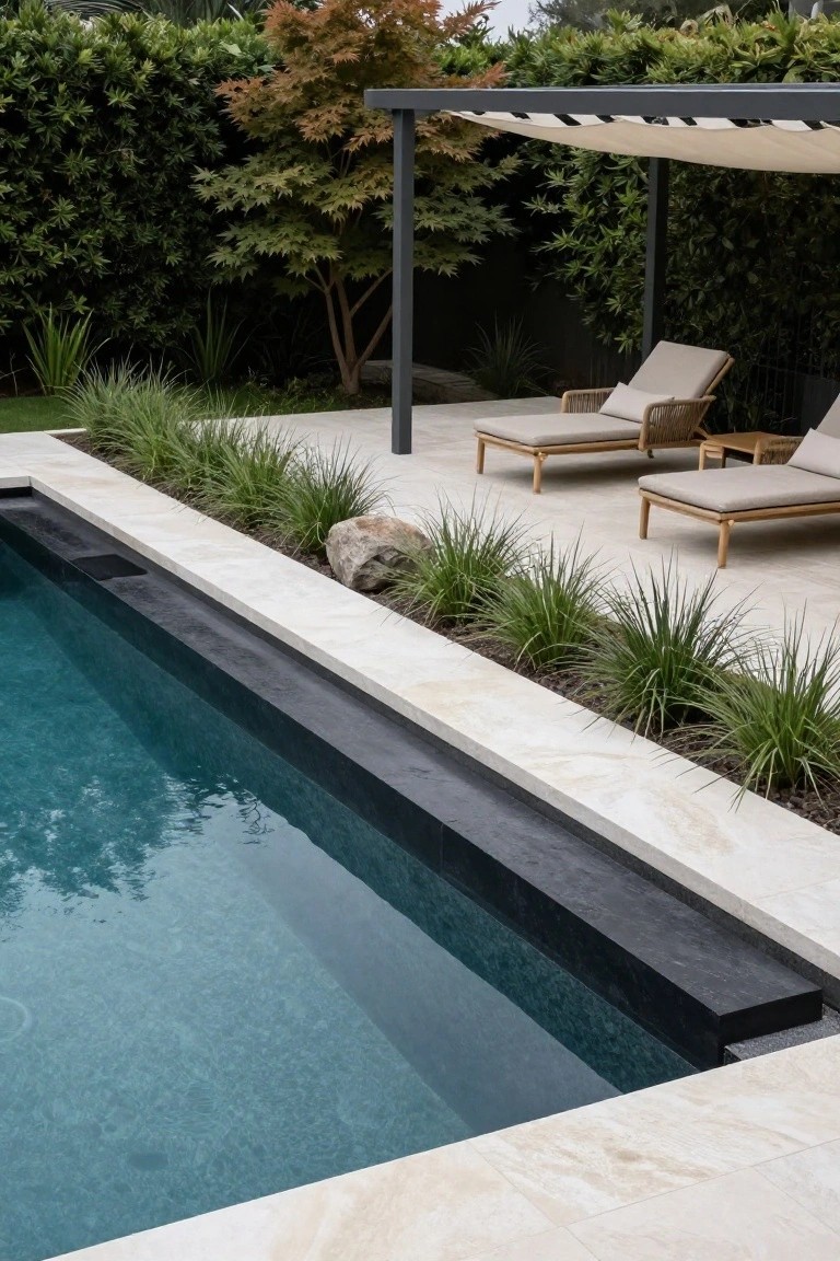 23 Creative Pool Landscaping Inspiration Ideas to Spark Your Vision Rectangular pool with turquoise water, black tile edge, light stone decking, and narrow adjacent planting beds containing ornamental grasses and a large boulder, plus nearby woven loungers under a fabric-shaded pergola.