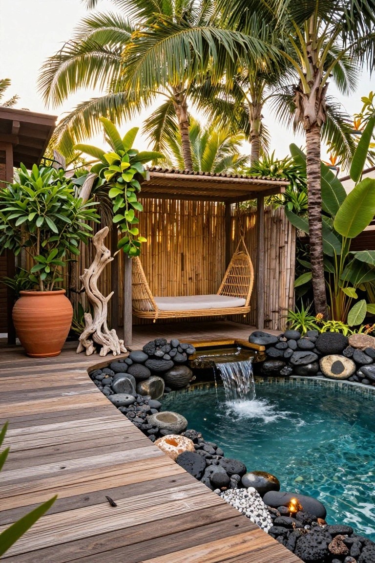 23 Creative Pool Landscaping Inspiration Ideas to Spark Your Vision Small turquoise pool with waterfall edged in black rocks on a wooden deck, adjacent bamboo gazebo holding a hanging wicker bed with cushions, surrounded by tropical plants and palms.