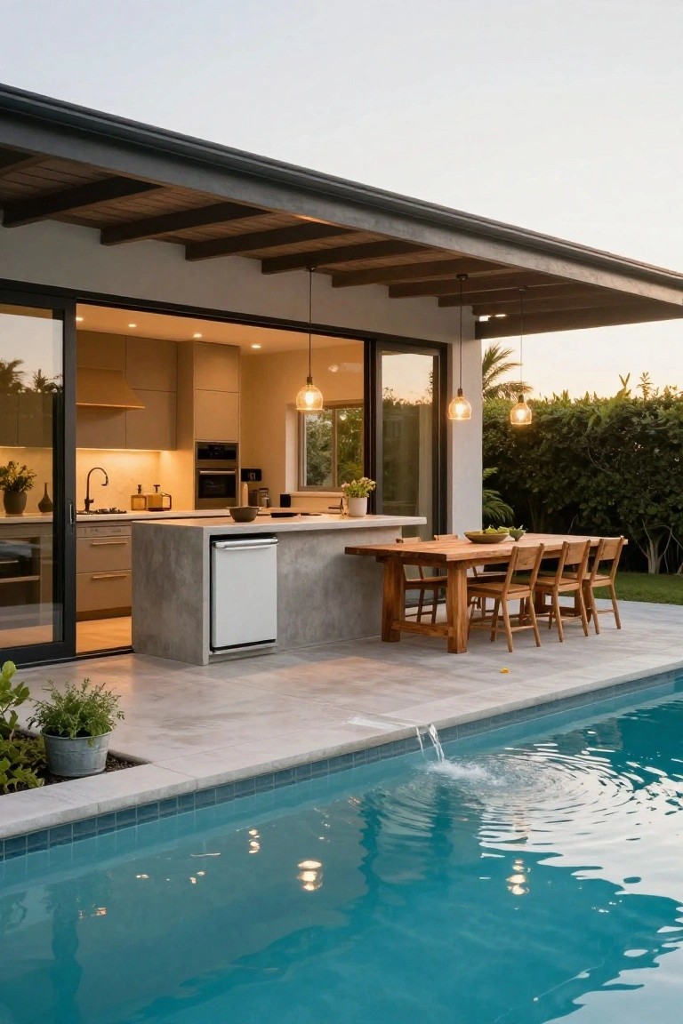 23 Creative Pool Landscaping Inspiration Ideas to Spark Your Vision Modern kitchen with beige cabinets and white dishwasher opens through sliding glass doors to a gray concrete island extending outdoors as a bar next to a wooden dining table on tiled patio adjacent to a turquoise pool edged with plants.
