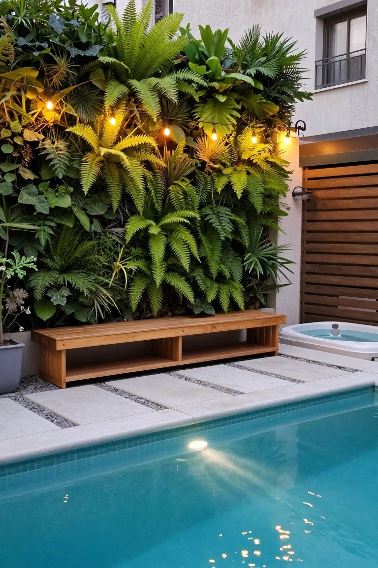 23 Creative Pool Landscaping Inspiration Ideas to Spark Your Vision Backyard pool with turquoise water and white tile edge next to a small white hot tub, wooden bench on pebble path, and dense vertical green plant wall with yellow string lights.