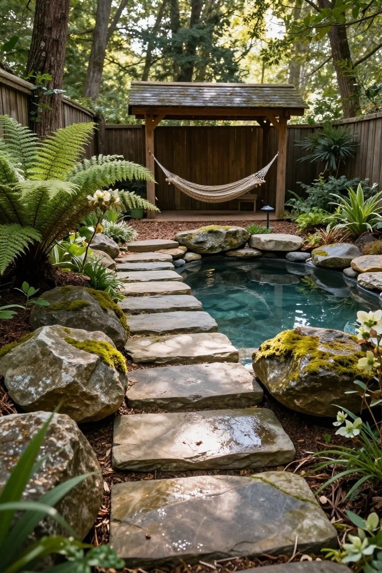 23 Creative Pool Landscaping Inspiration Ideas to Spark Your Vision Backyard garden with a small turquoise pool surrounded by moss-covered boulders and ferns, an irregular flat stone stepping path leading to the pool, a wooden shelter with hammock nearby, and lush plants along a wooden fence.