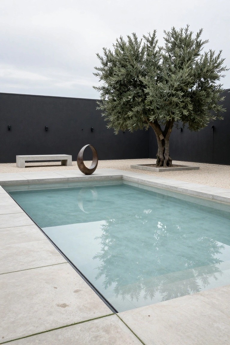 23 Creative Pool Landscaping Inspiration Ideas to Spark Your Vision A turquoise infinity-edge pool next to a gravel courtyard with a concrete bench, bronze hoop sculpture, mature olive tree in a square raised bed, stone paving, and black wall backdrop.