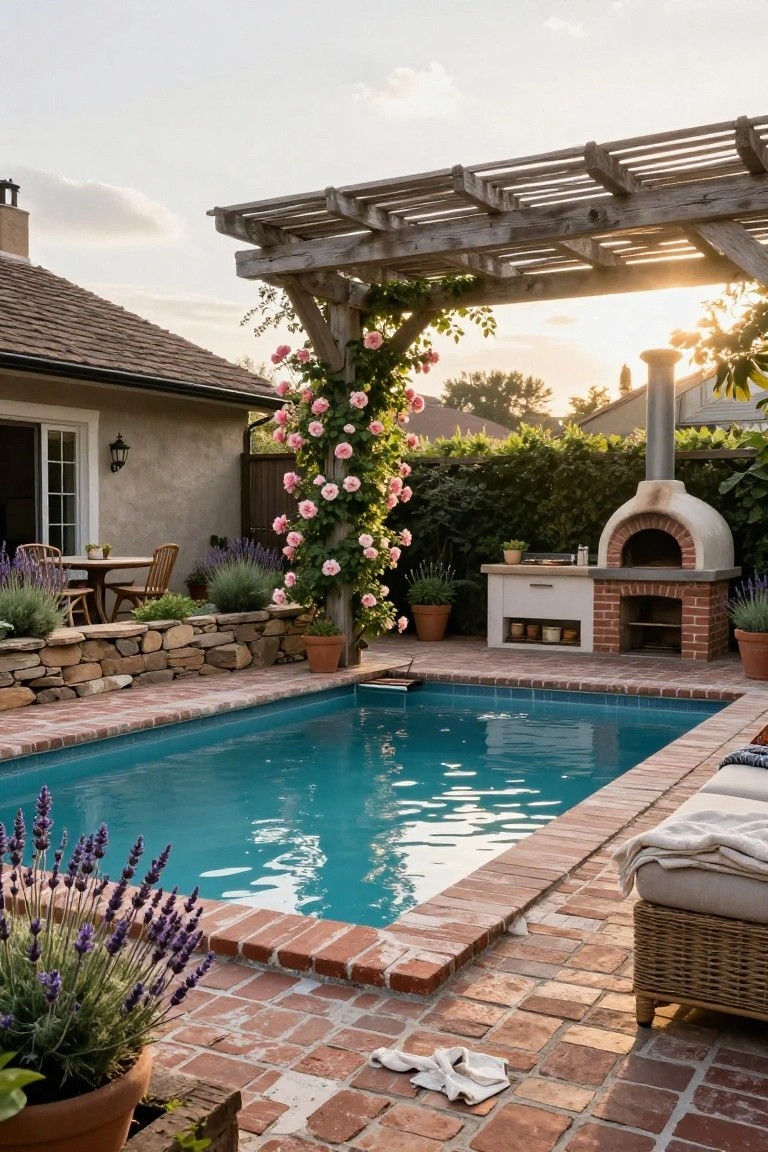 23 Creative Pool Landscaping Inspiration Ideas to Spark Your Vision Turquoise lap pool with brick surround and coping on brick paver deck, adjacent white wood-fired pizza oven built into brick cabinetry base with potted plants, pink climbing roses on wooden pergola, lavender plants, lounge chair with blanket, and stone retaining wall.