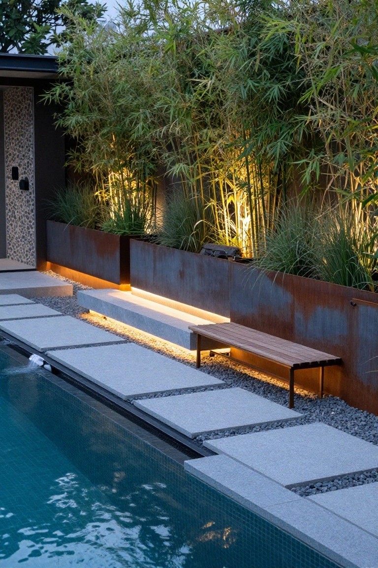 23 Creative Pool Landscaping Inspiration Ideas to Spark Your Vision Poolside view showing a wooden bench on a lit concrete platform next to rusted metal planters filled with grasses, bamboo screening, stone steps, gravel ground cover, and a turquoise mosaic-tiled pool edge.