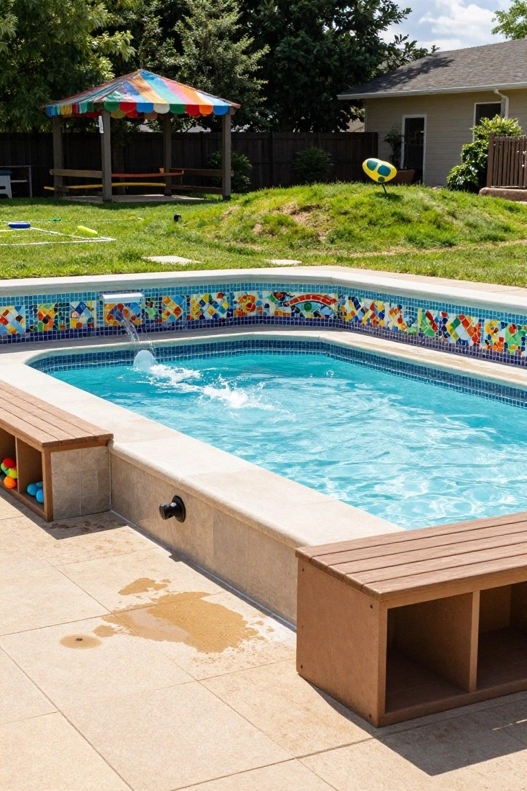 23 Creative Pool Landscaping Inspiration Ideas to Spark Your Vision A rectangular above-ground pool with colorful mosaic tile borders and a water fountain feature, flanked by wooden benches with open storage cubbies holding toys, set on a paved deck surrounded by grass, a gazebo, and a house fence.