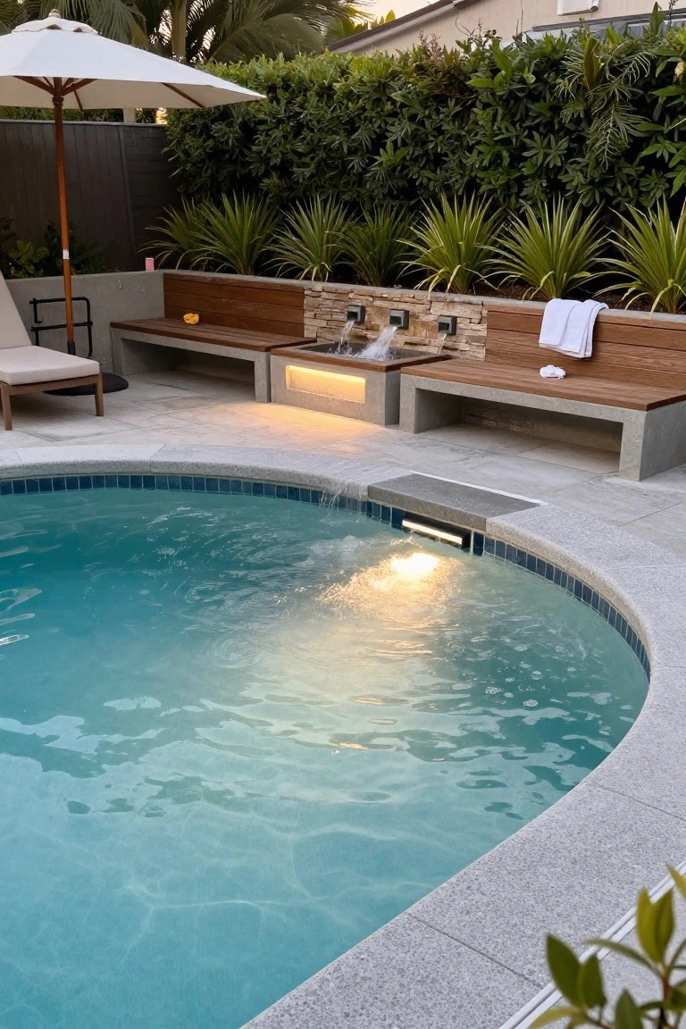 23 Creative Pool Landscaping Inspiration Ideas to Spark Your Vision Curved turquoise pool edged in blue tiles and gray pebble paving, with a raised concrete platform holding wooden benches, a stone waterfall feature, and LED lighting, surrounded by potted palms and a lounge chair.