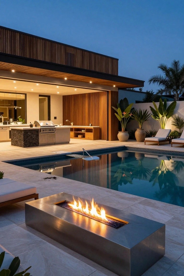 23 Creative Pool Landscaping Inspiration Ideas to Spark Your Vision Outdoor pool area at dusk featuring a rectangular stainless steel linear fire pit with flames adjacent to the pool edge, white lounge chairs, wooden kitchen island with grill in background, tropical plants, and modern house visible through glass doors.