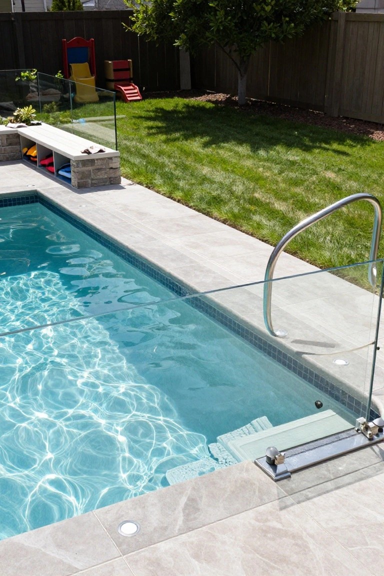 23 Creative Pool Landscaping Inspiration Ideas to Spark Your Vision Backyard pool with clear glass fencing, light gray tiled decking, a stone and wood bench with open storage cubbies holding towels and pool toys, adjacent green lawn, and children's playground equipment nearby.