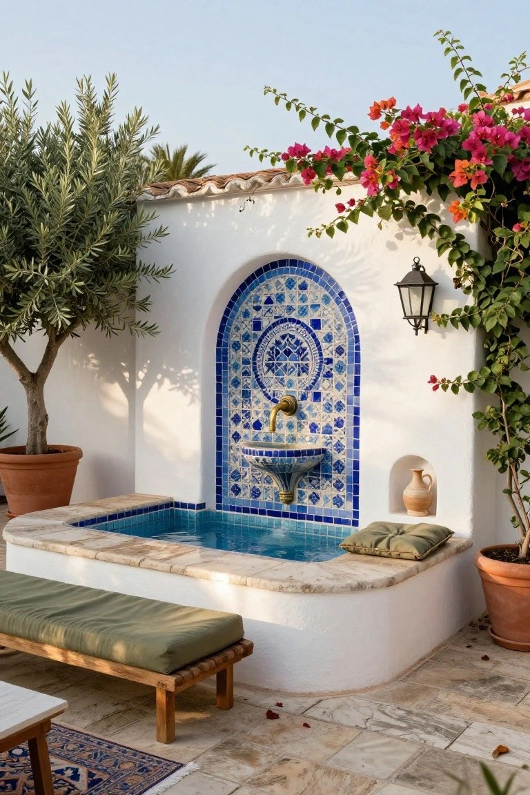 23 Creative Pool Landscaping Inspiration Ideas to Spark Your Vision White stucco outdoor wall featuring a blue mosaic tiled arched fountain with brass faucet spilling into a small turquoise tiled pool, flanked by olive trees, bougainvillea vines, potted plants, a cushioned wooden bench, lantern light, and terracotta tile patio flooring.