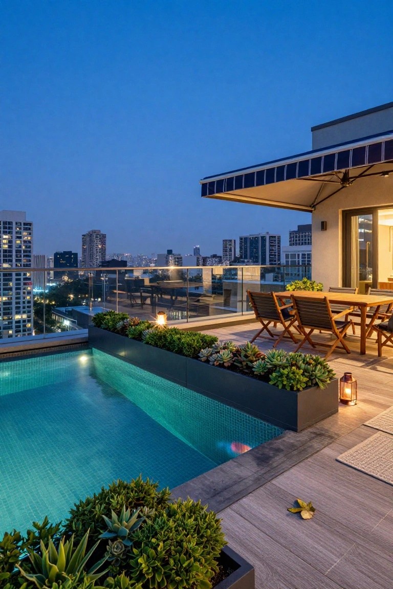 23 Creative Pool Landscaping Inspiration Ideas to Spark Your Vision Rooftop terrace at dusk with infinity-edge pool tiled in blue mosaic, edged by black rectangular planters containing succulents, agaves, and shrubs, wooden dining table with chairs, and city buildings in background.
