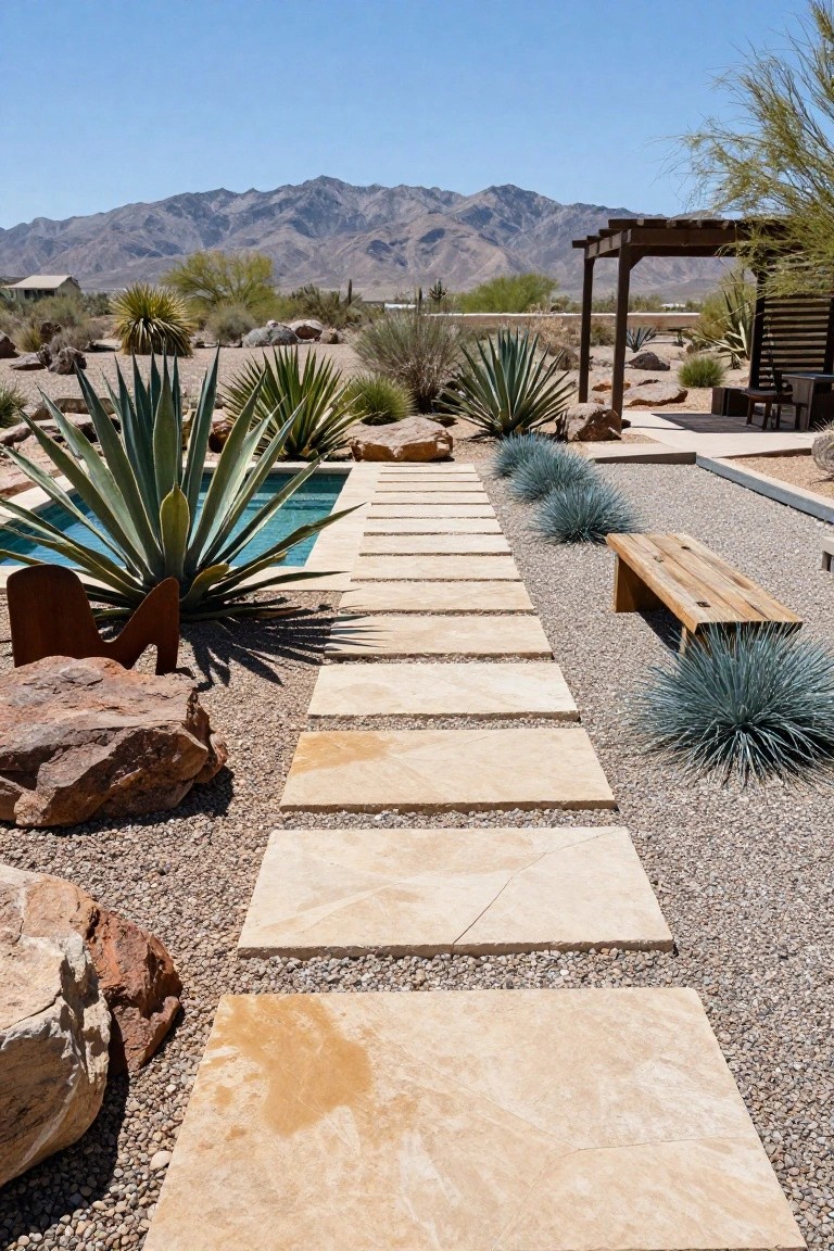 23 Creative Pool Landscaping Inspiration Ideas to Spark Your Vision A pathway of large rectangular beige stone slabs set into gray gravel leads toward a rectangular turquoise pool edged with agave plants, rocks, and low shrubs in a desert landscape with distant mountains.