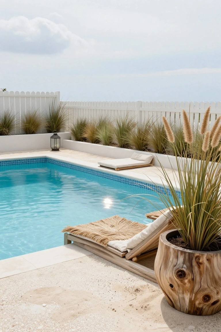 23 Creative Pool Landscaping Inspiration Ideas to Spark Your Vision Turquoise-tiled swimming pool with beige stone decking edged by tall ornamental grasses, rattan loungers with white cushions, large wooden stump planter, and white picket fence in the background.