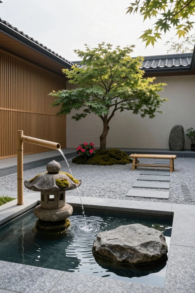 23 Creative Pool Landscaping Inspiration Ideas to Spark Your Vision Japanese garden courtyard with gravel ground cover, central stone lantern fountain fed by bamboo water spout, maple tree, mossy rocks, wooden bench, and gray stone stepping path enclosed by wooden fence and building.