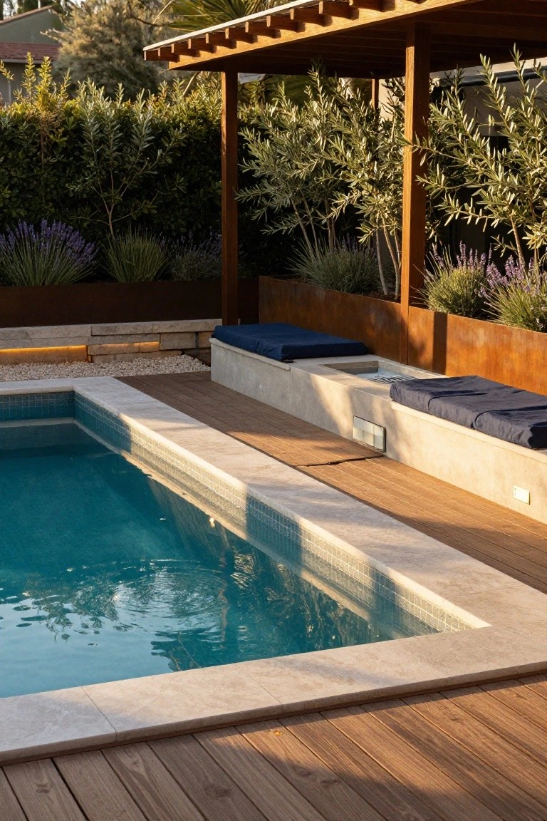 Semi-inground turquoise pool with white stone coping and wood decking, featuring built-in beige stone benches with navy cushions along one edge, surrounded by lavender plants, olive trees, and corten steel planters under a wooden pergola.