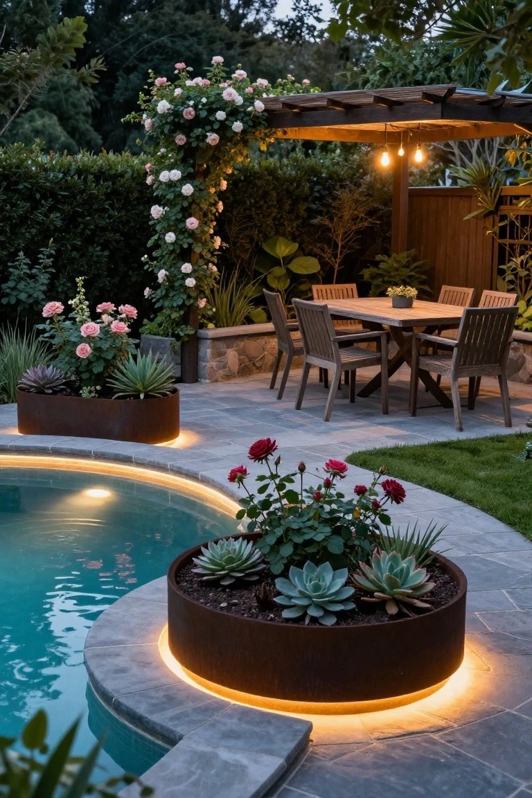 Curved semi-inground pool edged in stone with large corten steel planters containing succulents and agaves along the perimeter, LED lighting beneath the coping and planters, wooden pergola with dining table and climbing roses nearby.