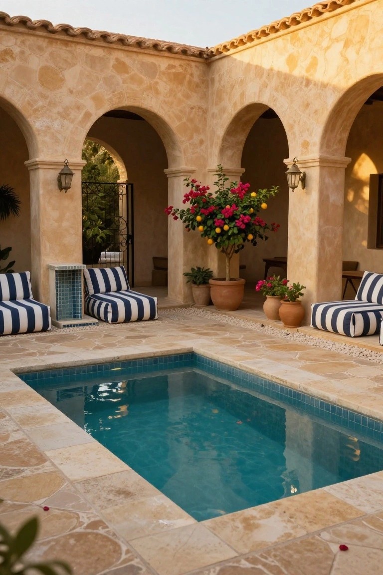 Beige stucco courtyard with rounded arches enclosing a small turquoise-tiled semi-inground pool on an irregular stone patio, blue-and-white striped lounge cushions on boxy seats, potted orange tree with red bougainvillea flowers, terracotta pots, and wall lanterns.