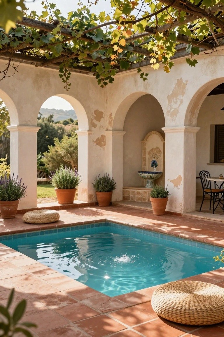 Small turquoise semi-inground pool in terracotta-tiled courtyard with white stucco arches, potted lavender plants, blue-and-white fountain, chairs at a table, and woven floor poufs under grapevine pergola.