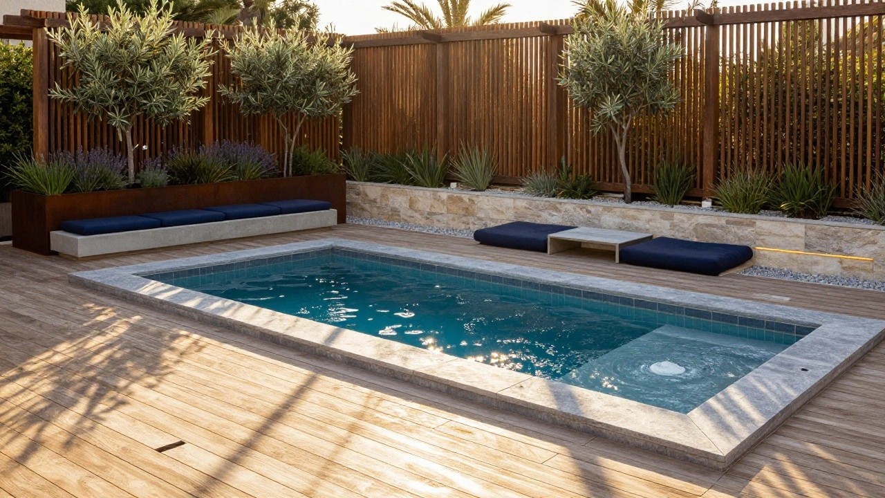 Semi-inground turquoise pool with white stone coping and wood decking, featuring built-in beige stone benches with navy cushions along one edge, surrounded by lavender plants, olive trees, and corten steel planters under a wooden pergola.