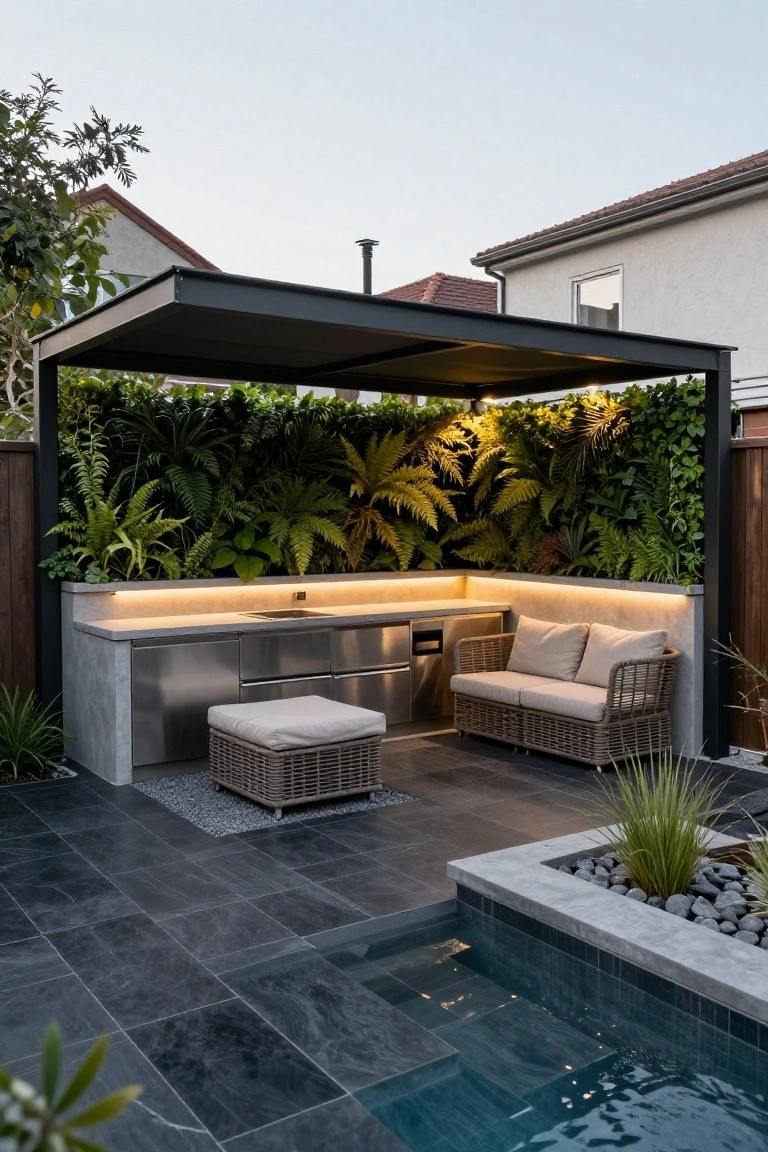 Outdoor Kitchen Backed by a Living Green Wall