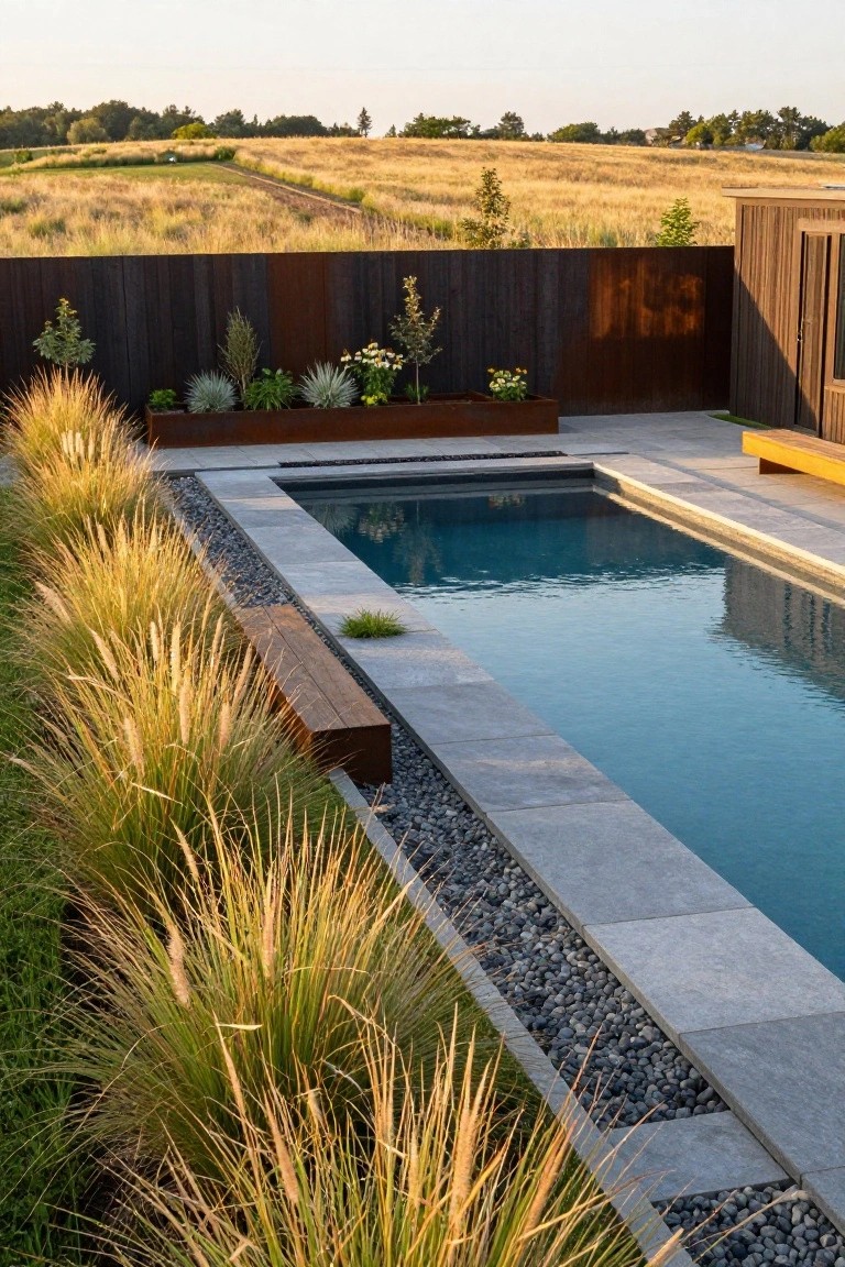 Semi-inground pool with gray stone pavers, black gravel edging strip, and tall ornamental grasses along one side, wooden benches nearby, and a dark fence backing onto golden fields at sunset.